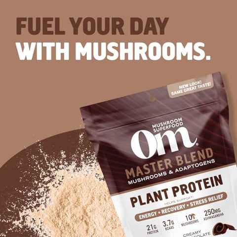 Mushroom Superfood Master Blend – Pó de Proteína à Base de Plantas, 19,26 Onças (545g), 16 Porções, Saboroso Chocolate Cremoso com Complexo de 10 Cogumelos, Leão Mane, Adaptógenos para Ótimo Desempenho - OM
