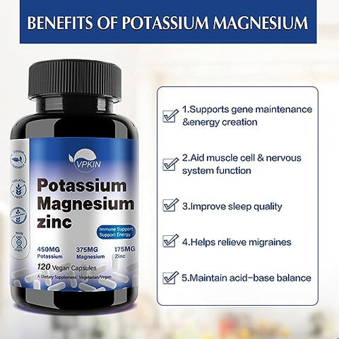 VPKIN - Suplemento de Potássio Magnésio 1000mg, Suporte Vascular, Ósseo, Cardíaco e Muscular com Aspartato de Magnésio, Potássio e Zinco