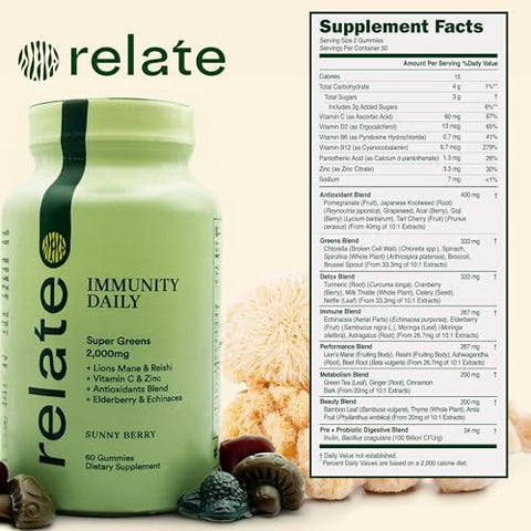 relate - Relate Immunity Daily Gummies – Super Greens, Lion’s Mane | Reforço Imunológico em Gomas – Verdes Super, Cogumelo do Leão | 60 g