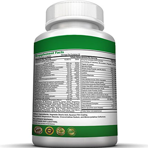 Pure Healthland - Suplemento Multivitamínico Diário Super Natural Sem OGM para Adultos Homens Mulheres Idosos com 42 Frutas Vegetais Naturais, 21 Vitaminas Minerais Essenciais. 90 Comprimidos. Vegano