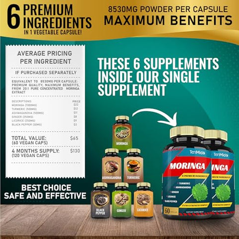 Tenmido - Moringa Capsules 8530mg – 2 Pacotes, 4 Meses de Fornecimento com Cúrcuma, Ashwagandha, Gengibre, Alcaçuz, Pimenta Preta | Suporte Imunológico, Estimulante de Energia | Suplementos de Ervas de Folha Oleifera