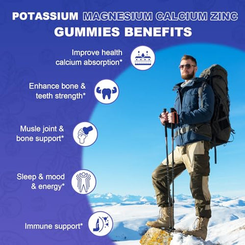 Catfit - Gomas de Suplemento de Potássio e Magnésio, Glicinato de Magnésio 500mg, Gluconato de Potássio 99mg, Complexo Triplo de Magnésio 1700mg, Cálcio, Zinco, Vitamina D3 para Cãibras nas Pernas, Sono, Imunidade
