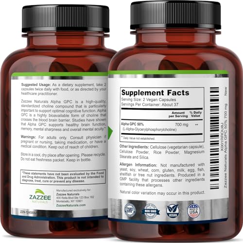 Alpha GPC Choline Extra Forte, 700 mg por Porção, 75 Cápsulas Veganas, Grau Farmacêutico Puro 100%%, Vegetariano 100%%, Padronizado para Potência e Pureza, Tudo-Natural - Zazzee