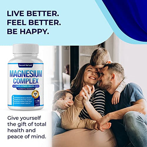 DECENT NATURE - Magnésio Complexo 7 Suplemento de Magnésio Elemental 1000mg – Glicinato, Citrato, Malato, Taurato, Óxido, Aspartato, Orotato Não-OGM 90 Cápsulas