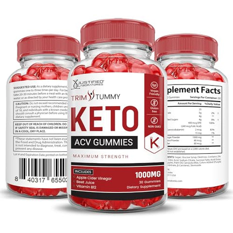 Justified Laboratories - (2 Pacotes) Gomas Trim Tummy Keto ACV Fórmula Avançada 1000MG Gomas Trim Tummy Keto Vinagre de Maçã Formulado com Romã e Beterraba em Pó B12 Vegano Não GMO 120 Gomas