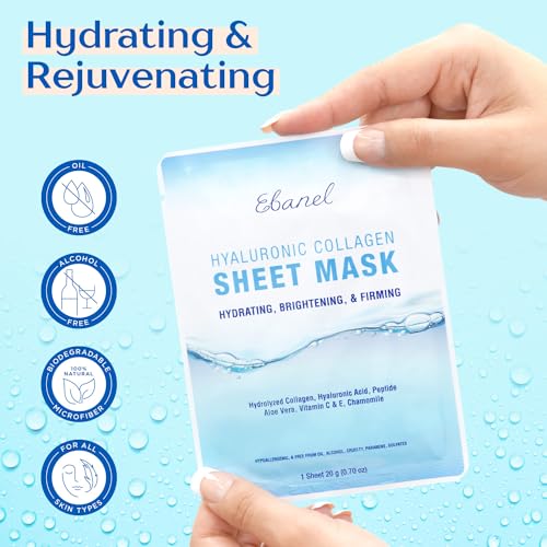 40 Pacote Máscaras Faciais Hidratantes de Colágeno Peptídeo, Máscaras Faciais Firmadoras e Clareadoras Instantâneas, Máscaras de Spa Hidratantes para Cuidados com a Pele com Ácido Hialurônico, Vitamina - Ebanel