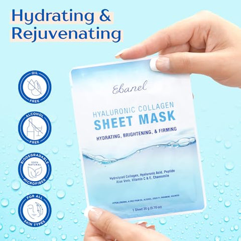 40 Pacote Máscaras Faciais Hidratantes de Colágeno Peptídeo, Máscaras Faciais Firmadoras e Clareadoras Instantâneas, Máscaras de Spa Hidratantes para Cuidados com a Pele com Ácido Hialurônico, Vitamina - Ebanel