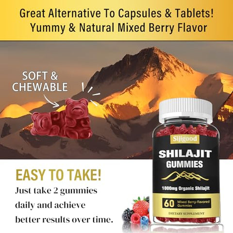 Sijigood - 2 Pacotes de Gomas de Shilajit Suplemento 1000 MG com 85 Minerais Traços, Shilajit para Homens