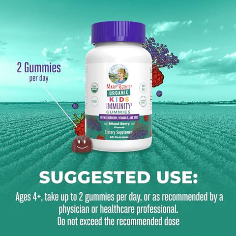 Gummies Infantis de Suporte Imunológico | Orgânicos Certificados pelo USDA | Vitamina C, Zinco e Gummies de Sabugueiro para Crianças | Suporte Imunológico para Crianças a partir de 4 anos | Vegano | Não-OGM | Livre de Glúten - MaryRuth Organics