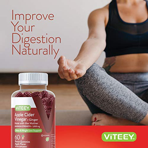 Viteey - Gummies de Vinagre de Maçã 1.000mg com Gengibre – Detox para Emagrecimento e Suporte Imunológico – Vegano, Sem Glúten, Sem Gelatina, Sem GMO – Mastigável