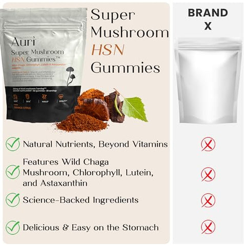 Super Mushroom HSN Gummies – Suplemento Funcional de Cogumelos para Cabelo, Pele e Unhas – com Chaga Selvagem, Clorofila, Luteína e Astaxantina – 60 Gomas de Laranja Cítrica - Auri