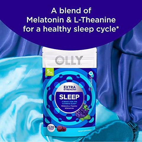 Extra Strength Sleep Gummy – Suporte Ocasional para Dormir, 5 mg Melatonina, L-Teanina, Extratos de Camomila e Melissa, Auxílio para Dormir, Sabor Amora – 120 Unidades - OLLY