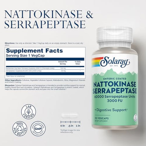 SOLARAY - Solaray Nattokinase Serrapeptase – Suplemento Enteric Coated – 3000 FU – Suporte Circulatório, Cardiovascular e Sinusal – Verificado em Laboratório, Garantia de 60 Dias – 30 Cápsulas