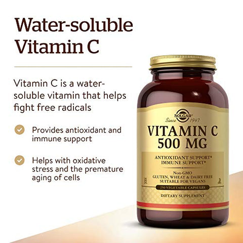SOLGAR - Solgar Vitamina C 500 mg, 250 Cápsulas Vegetais – Antioxidante