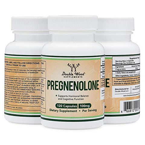 Double Wood Supplements - Pregnenolona 100mg por Porção (Convertida em Progesterona para Aumentar os Níveis de Progesterona) – Testada por Terceiros – 120 Cápsulas (50mg por Cápsula) Não-OGM por Double Wood