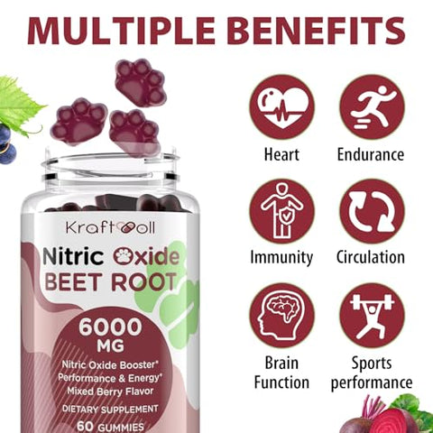 Kraftvoll - Gummies de Beterraba em Pó 6000MG – Sem Açúcar, Pó de Semente de Uva, Pó de Romã, Vitamina C e B12 – Sabor Misto de Frutas Vermelhas, 60 Gummies