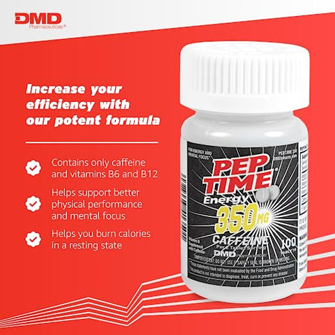 PEPTIME Energy - Tablets de Cafeína com Vitaminas B6 e B12, 350 mg de Cafeína por Porção, Suplemento para Desempenho Físico e Foco, 100 Unidades