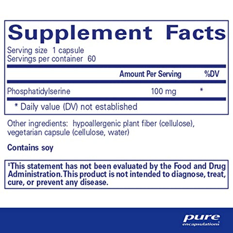 PS 100 | Suplemento de Fosfatidilserina Aminoácido para Cérebro e Memória | 60 Cápsulas - Pure Encapsulations