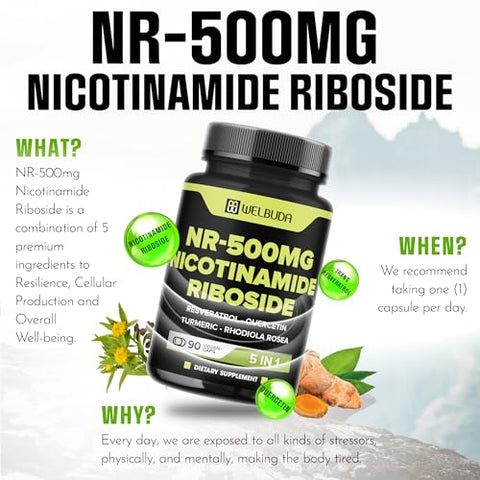 WELBUDA - NAD Nicotinamide Riboside com Resveratrol, Quercetina, Cúrcuma, Rhodiola Rosea – Produção Celular, Vitalidade Geral, Saúde do Envelhecimento – 90 Cápsulas para 90 Dias