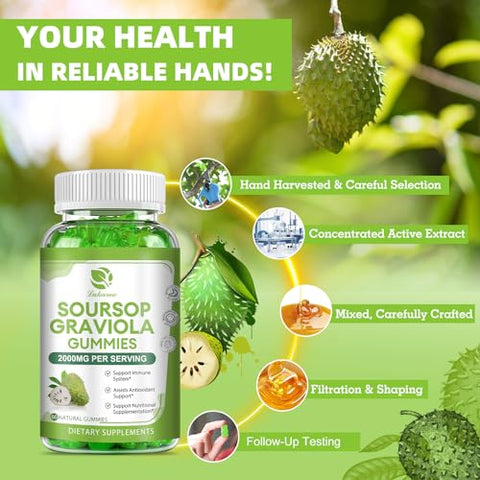 Lukaree - Soursop Graviola Gummies (2 Pacotes) – 2000mg Extrato de Folhas de Graviola com Vitamina C e Zinco – Fortalecimento Extra