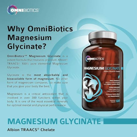 OmniBiotics - Suplemento de Magnésio Glicinato Albion TRAACS Bisglicinato Puro – 200 mg – 120 Cápsulas Vegetarianas