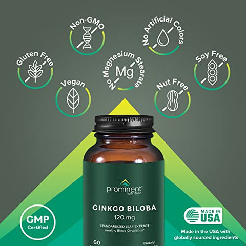 Prominent Nutrition - Ginkgo Biloba 120mg – Extrato de Folha de Ginkgo Biloba, Suplemento Herbal para Apoiar a Memória – Marca Ginkgo Biloba