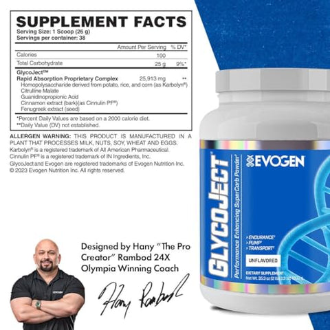 GlycoJect em Pó Sem Sabor, Combustível de Carboidratos para Desempenho Muscular e Resistência, para Homens - Evogen