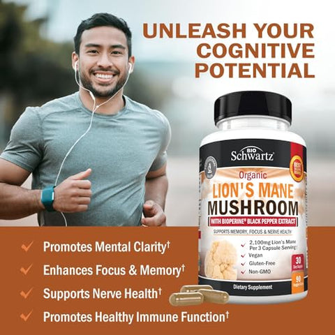 BioSchwartz - Suplemento de Cogumelo do Leão Orgânico em Cápsulas (90 Unidades) 2100mg de Cogumelos do Leão com BioPerine para Máxima Absorção, Composto Ativo Verificado, Suplementos Naturais para o Cérebro Nootrópicos
