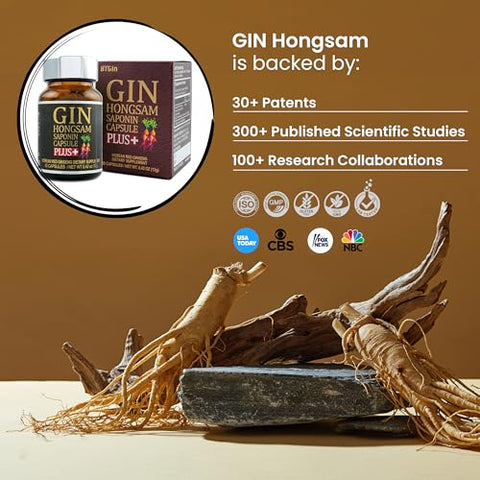 BTGIN - Gin HONGSAM – Ginseng Vermelho Coreano 60 Cápsulas – Suplemento Premium Anti Aging – Energia | Imunidade | Memória para Mulheres e Homens 100%% Ginseng Vermelho
