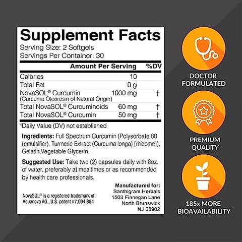 Santhigram Wellness Kerala Ayurveda - NovaSOL Supplements – Curcuma Premium 1000mg com Nanotecnologia Avançada, Alta Bioacessibilidade para Mobilidade Articular, Imunidade e Saúde Digestiva