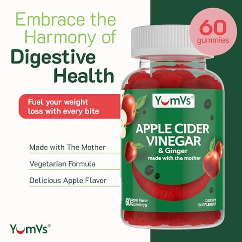 YUM-V'S - Gomas de Vinagre de Maçã com A Mãe Gengibre por YumVs | Não OGM, Suplemento Vegetariano para Mulheres | 100% Natural e Delicioso
