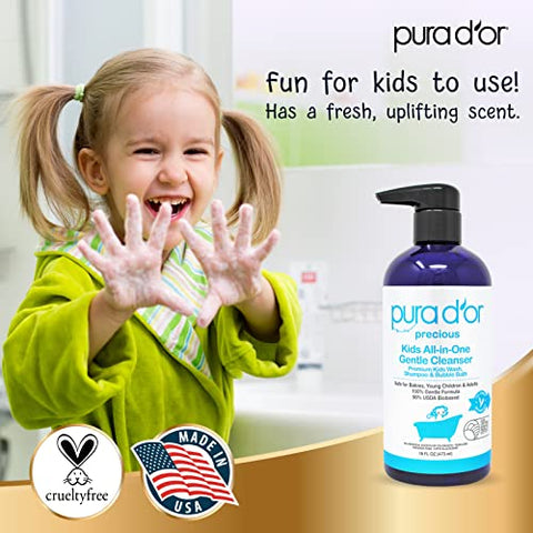 PURA D'OR - PURA D’OR Kids Wash 473 ml – Limpeza Suave 3 em 1 – Biobaseado pelo USDA, Sem Sulfato, Sem Lágrimas, Hipoalergênico, Premium, Shampoo
