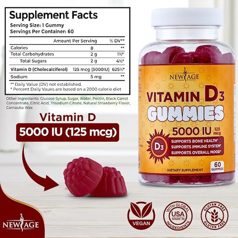 Gummies Vitamina D3 5000 UI 125mcg – Suporte Imunológico e Saúde Óssea – Sem OGM, Sem Glúten, Sem Laticínios, Sem Gelatina (120 Gummies – Pack com 2) - NEW AGE