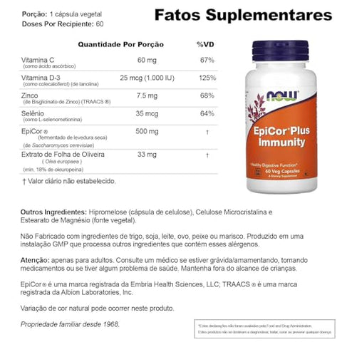 Supplements EpiCor® Plus Imunidade com Vitamina C, Suporte Imunológico Saudável, 60 Cápsulas Vegetais - NOW Foods