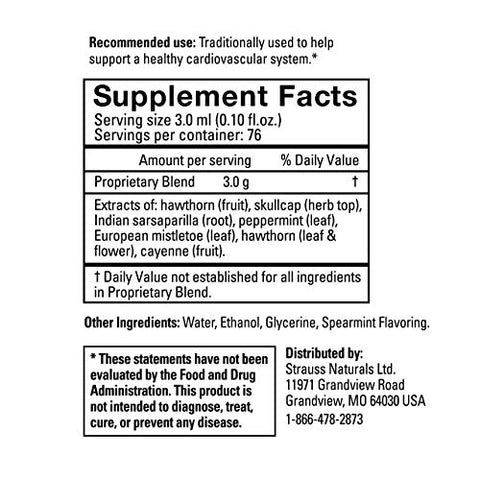 Strauss Heartdrops - Strauss Naturals Cardio Support Drops – Suplemento Herbal Natural para um Sistema Cardiovascular Saudável – Não-OGM, Vegano, Livre de Glúten e Soja – 225ml