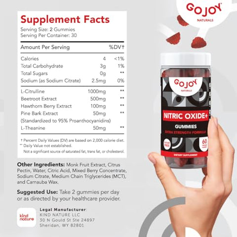 GOJOY NATURALS - Gomas de Óxido Nítrico Vegano Sem Açúcar com Beterraba, L-Citrulina, Espinheiro Branco, Casca de Pinheiro – Suplementos de Óxido Nítrico para Homens