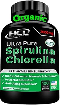 HCL HERBAL CODE LABS - Chlorella Spirulina Cápsulas em Pó Orgânico 3000 mg de Algas Azuis Verdes Pura Livre de BMAA – Melhor Desintoxicação Natural Vitaminas Proteína Superalimento Verde Vegano Cru – Feito nos EUA