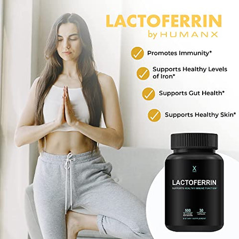 Lactoferrin 500mg – Tamanho de Porção Poderoso (Sem Glúten, Não Transgênico, Suplementos Sem Soja) – Componente no Colostrum – Fabricado nos EUA, Suporta Imunidade Saudável, Utilização de Ferro - HUMANX