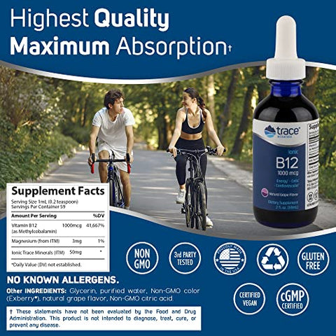 Vitamina B12 Líquida Iônica 1000 mcg | Suplemento Alimentar com Concentrace Minerais Iônicos de Espectro Completo | 59 Porções de 2 fl oz, 59 ml | Potencialize sua Saúde - Trace Minerals