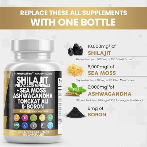 Clean Nutraceuticals - Shilajit 10.000mg com Sea Moss 6000mg, Ashwagandha 6000mg, Tongkat Ali, Boro, Magnésio – Cápsulas de Ácido Fúlvico para Homens – 90 Unidades
