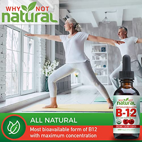 Why Not Natural - Vitamina B12 Líquida Orgânica Natural – Sublingual Extra Forte 60 x 5000 mcg Gotas de Metilcobalamina, Vegana, Máxima Absorção e Energia
