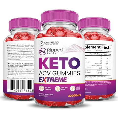 Justified Laboratories - (2 Pacotes) Gummies Extreme Ripped Results Keto ACV 2000MG – Gummies Ripped Results Keto de Vinagre de Maçã Formulados com Suco de Romã e Beterraba em Pó B12 Vegan Non GMO 120 Gummys