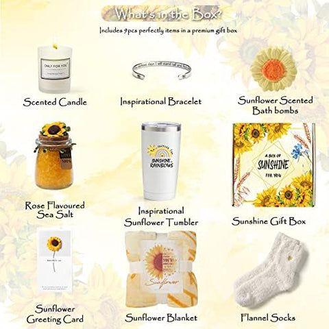 Mollywatr - Presentes de Sol para Mulheres, Kit de Cuidados para Mulheres, 9 Peças de Presentes Girassol, Cesta de Presentes para Melhoras, Caixa de Presentes de Aniversário Únicos com Manta Inspiradora e Vela