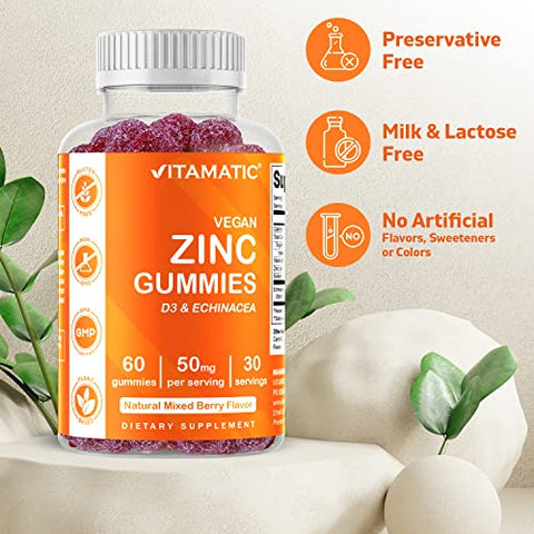 Zinc 50mg Gummies – 2 Pacotes de 60 Gomas Veganas – Livre de Glúten – Suporte Imunológico Saudável para Adultos, Homens, Mulheres - Vitamatic