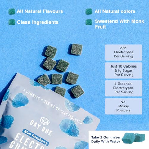 Day One - Electrogummies Blue Raspberry – Gomas Eletrolíticas com 385mg de 5 Eletrólitos Essenciais – Alternativa de Hidratação a Pós, Comprimidos, Gomas – Para Corredores, Esportes de Resistência