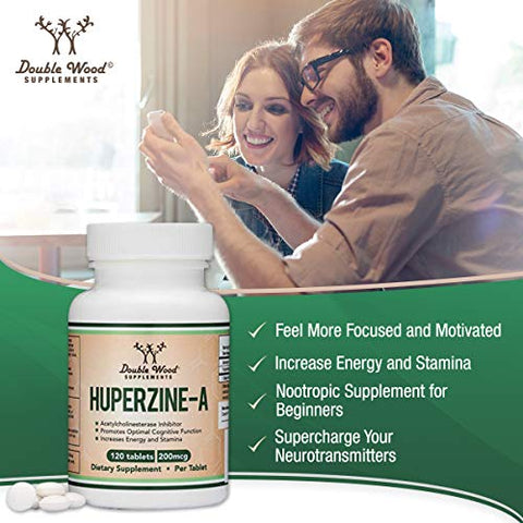 Double Wood Supplements - Huperzine A 200mcg (Testado por Terceiros) Não-OGM, Sem Glúten, 120 Comprimidos, Suplemento Cerebral para Promover a Acetilcolina (Inibidor da Acetilcolinesterase) – Suporta Memória e Foco