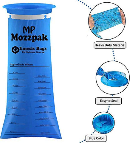 Sacos de Vômito Descartáveis – 100 Unidades – Sacos de Vômito de 1000ml – À Prova de Vazamentos, Grau Médico, Portáteis, para Enjoo, Vômito, Náuseas em Viagens, Carro - MP MOZZPAK