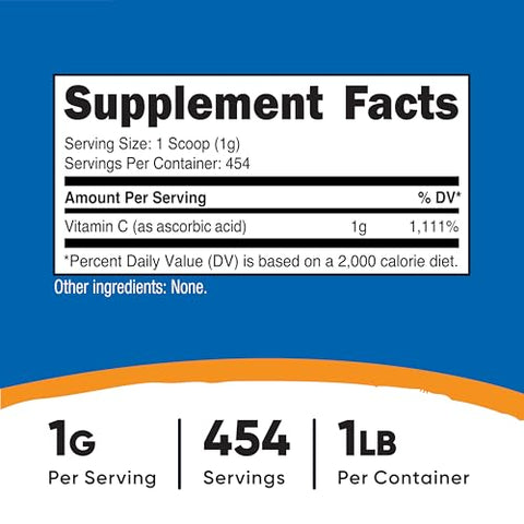 Vitamina C em Pó Puro de Ácido Ascórbico 454g - Nutricost