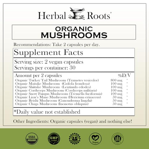 Cápsulas de Suplemento de Cogumelos Herbal Roots | Mistura de 8 Cogumelos Orgânicos | Turkey Tail, Lion’s Mane, Shiitake, Cordyceps, Reishi, Chaga, Maitake, Snow | 60 Cápsulas Veganas