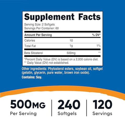 Beta Sitosterol 240 Softgels – 500mg, Livre de GMO e Glúten, 120 Porções - Nutricost